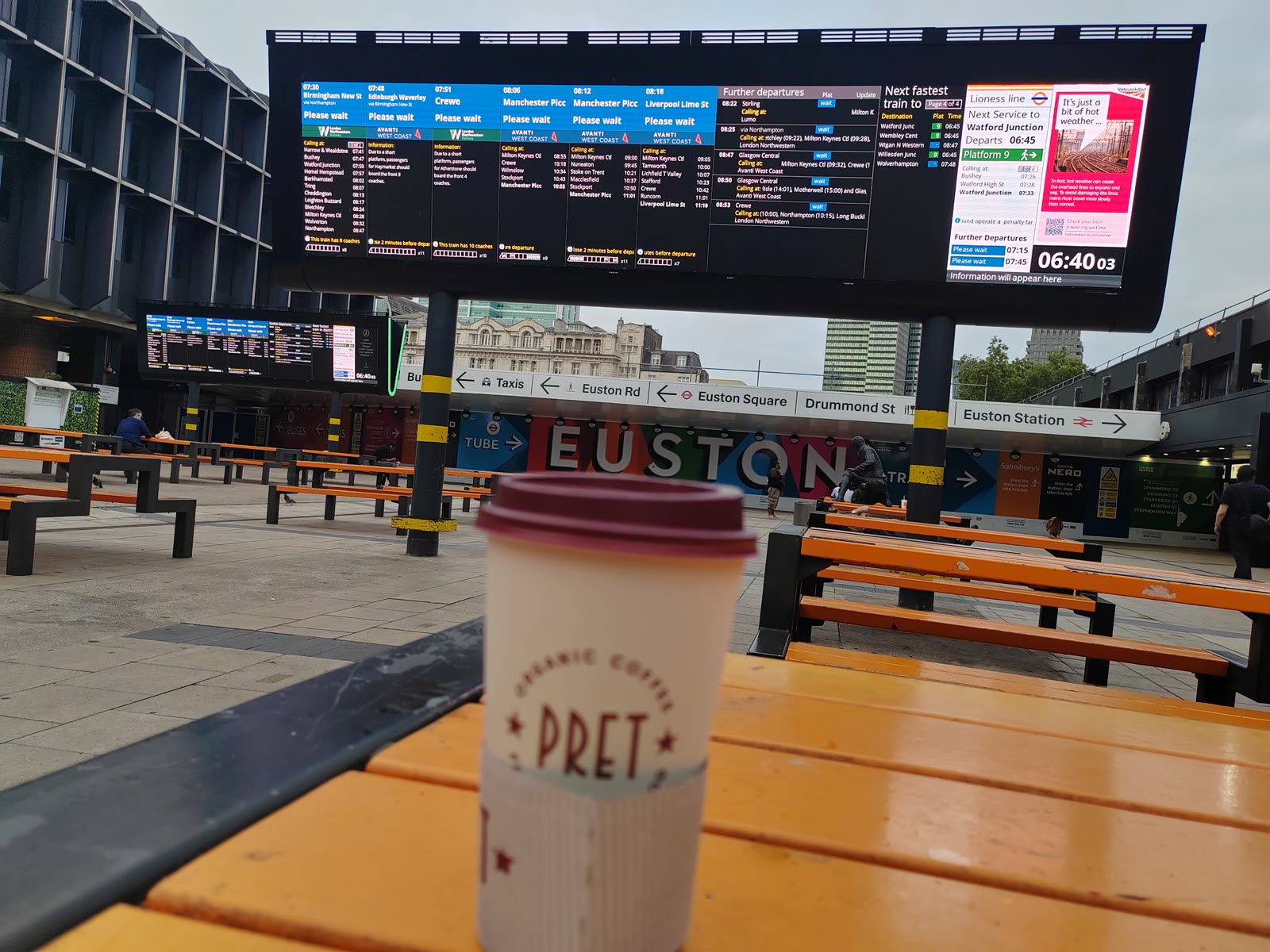 Pret coffee under the Euston departure boards, because survival needs procurement.